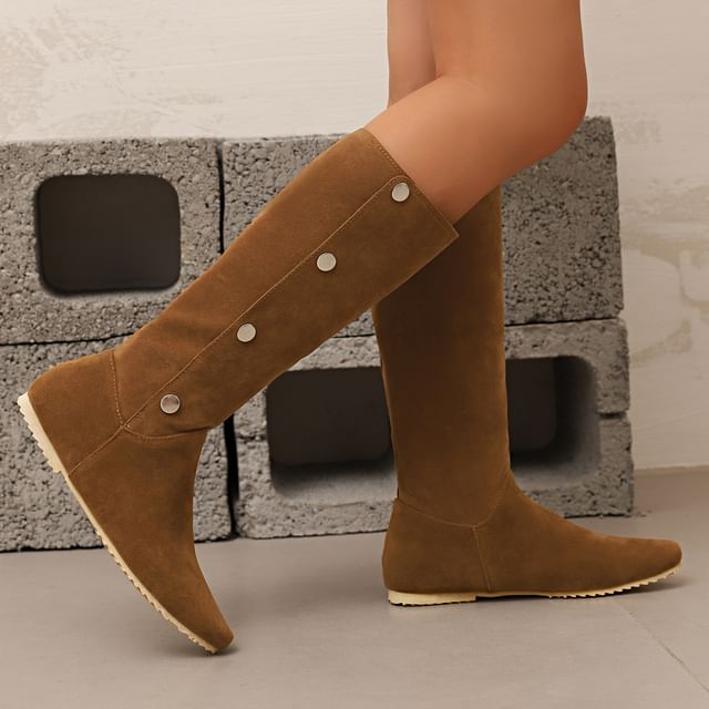 Megan-Plain Buttoned Faux Suede Tall Boots