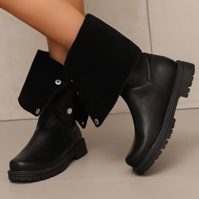 Megan-Platform Plain Buttoned Faux Leather Tall Boots