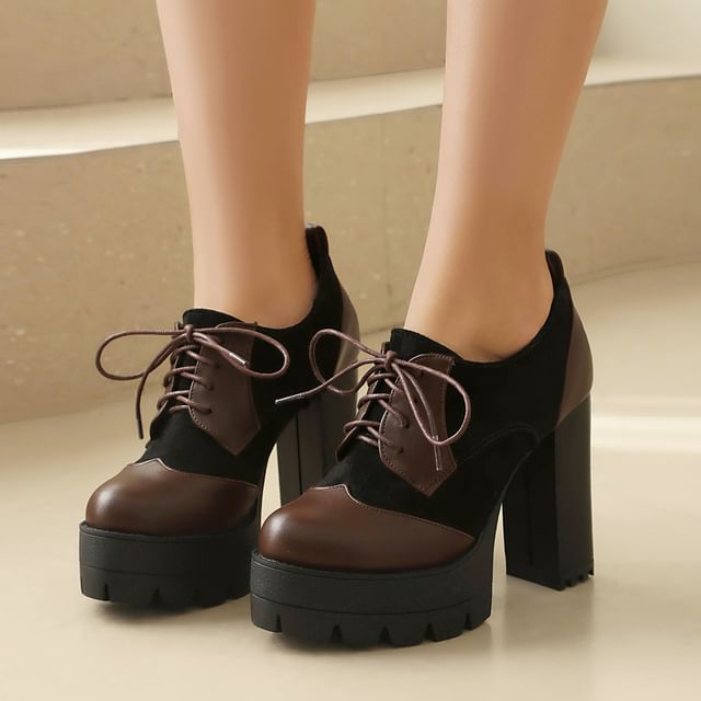 Megan-Platform Wingtip Panel Lace Up Block Heel Pumps