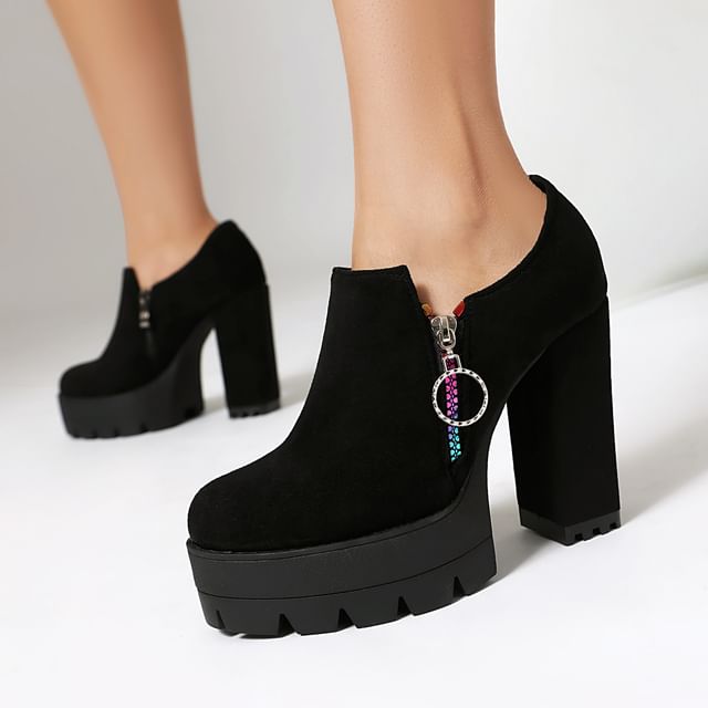 Megan-Platform Zip Faux Suede Block Heel Pumps