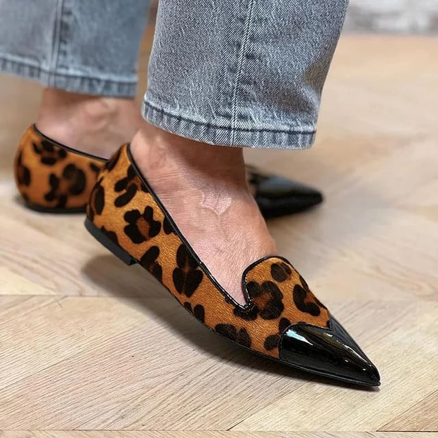 Megan-Pointed Cap Toe Leopard Print Flats