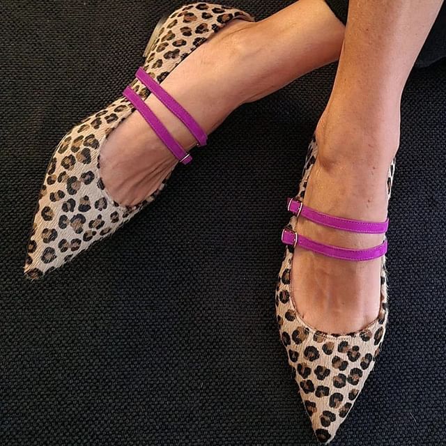 Megan-Pointed Toe Double Strap Leopard Print Mary Jane Flats