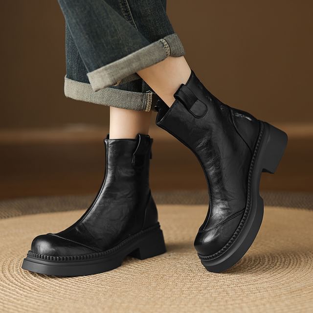 Megan-Round Toe Chunky Heel Short Boots