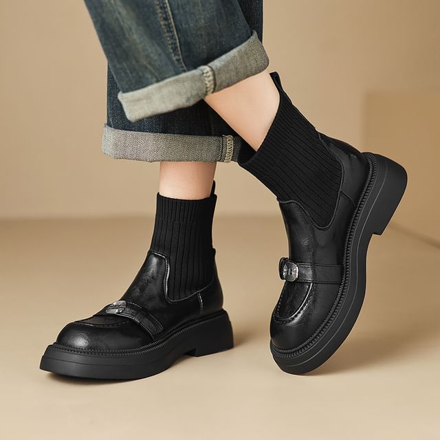 Megan-Square Toe Buckled Paneled Short Sock Boots