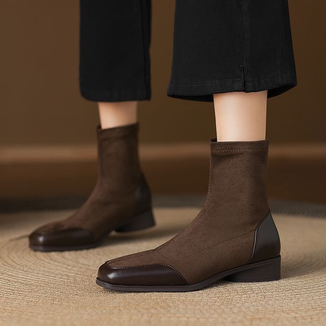Megan-Square Toe Panel Faux Suede Short Boots