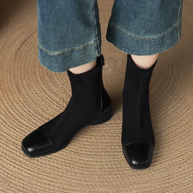 Megan-Square Toe Panel Faux Suede Short Boots