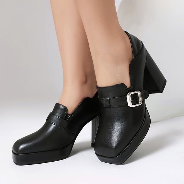 Megan-Square-Toe Platform Block Heel Buckled Loafers