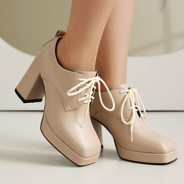 Megan-Square-Toe Platform Block Heel Lace-Up Loafers