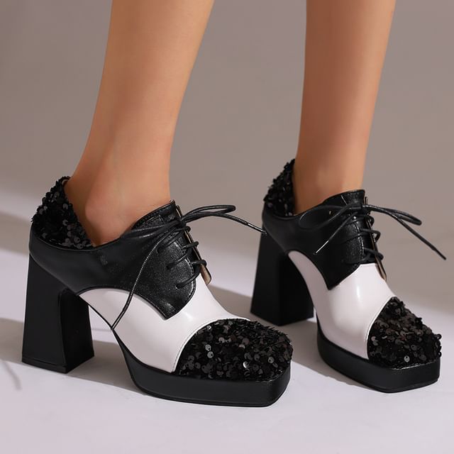 Megan-Square Toe Platform Sequin Panel Block Heel Lace Up Pumps