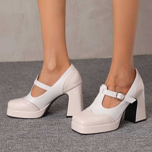 Megan-Square Toe Platform Wingtip T-Strap Panel Block Heel Pumps