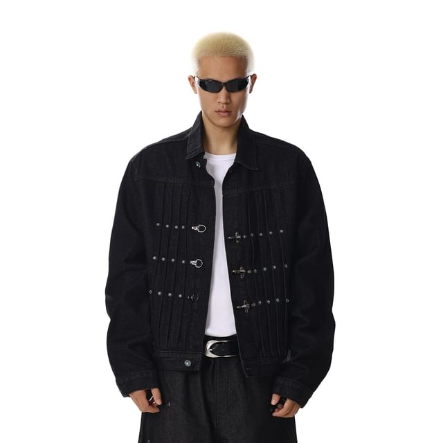 Meiksip-Collared Studded Clasped Front Denim Barn Jacket