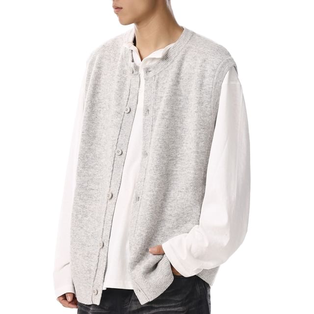 Meiksip-Crew Neck Plain Single-Breasted Sweater Vest