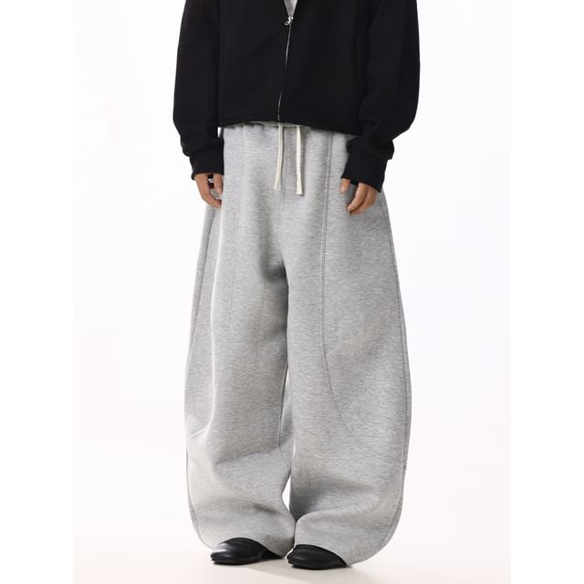 Meiksip-Drawstring Waist Plain Wide Leg Pants