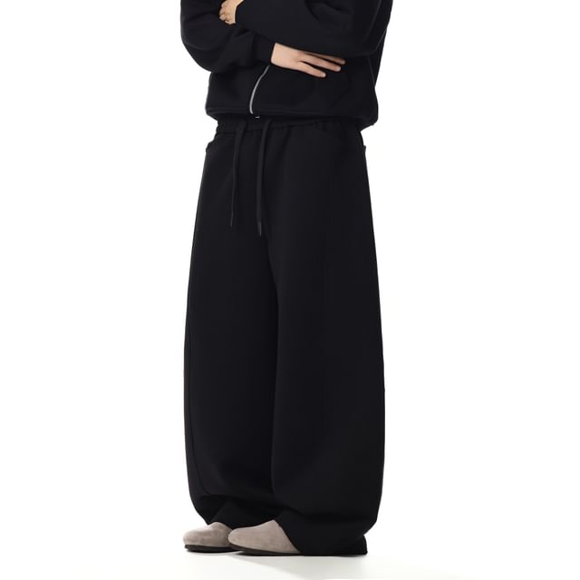 Meiksip-Drawstring Waist Plain Wide Leg Sweatpants
