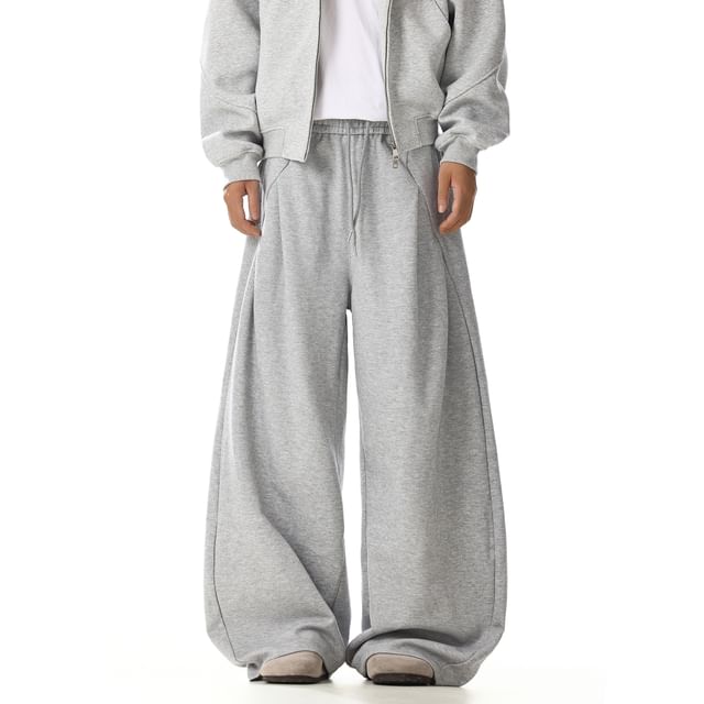 Meiksip-Drawstring Waist Plain Wide Leg Sweatpants