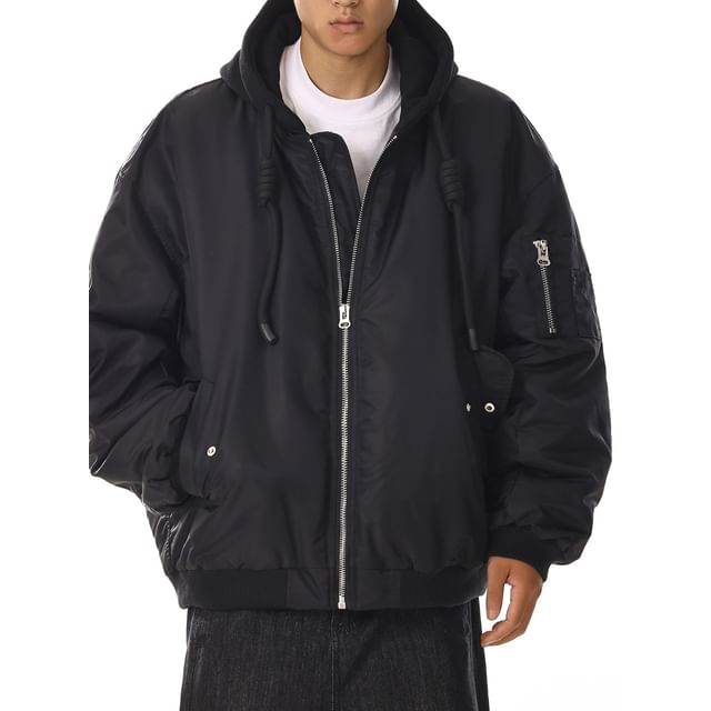Meiksip-Drop-Shoulder Plain Hooded Zip Bomber Jacket