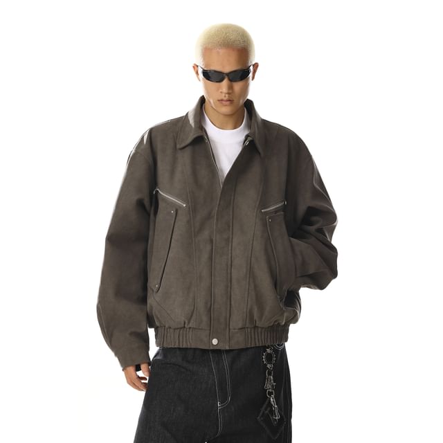 Meiksip-Drop-Shoulder Plain Zip Jacket