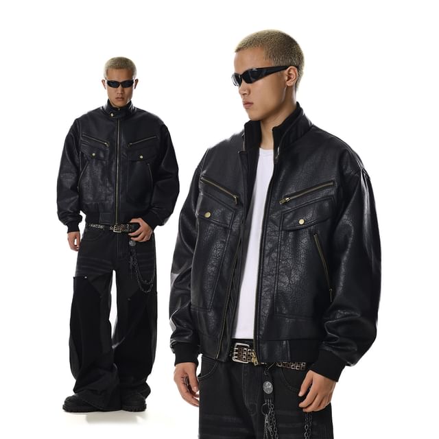 Meiksip-Faux Leather Mock Neck Zip-Up Jacket