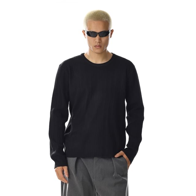 Meiksip-Long-Sleeve Crew Neck Plain Knit Top