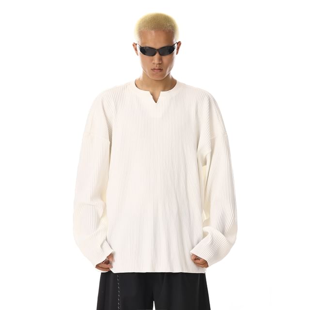 Meiksip-Long-Sleeve Notch Neck Plain Ribbed T-Shirt