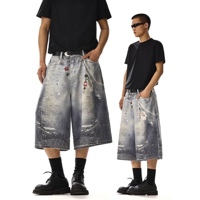Meiksip-Mid Rise Patterned Print Jorts