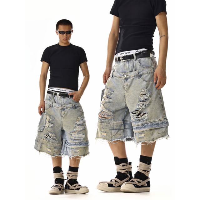 Meiksip-Mid Rise Washed Distressed Panel Jorts