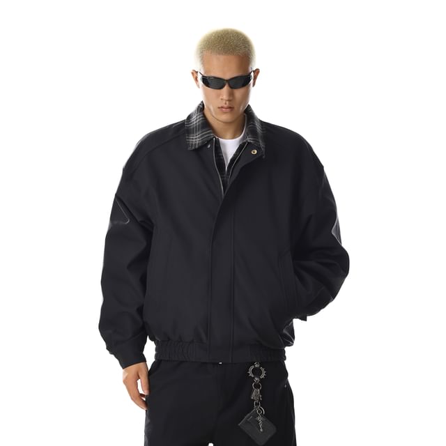 Meiksip-Mock Two-Piece Collared Plaid Panel Zip-Up Jacket