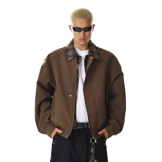 Meiksip-Mock Two-Piece Collared Plaid Panel Zip-Up Jacket