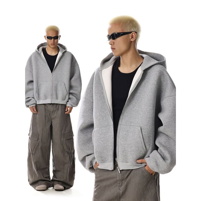 Meiksip-Plain Boxy Zip-Up Hoodie