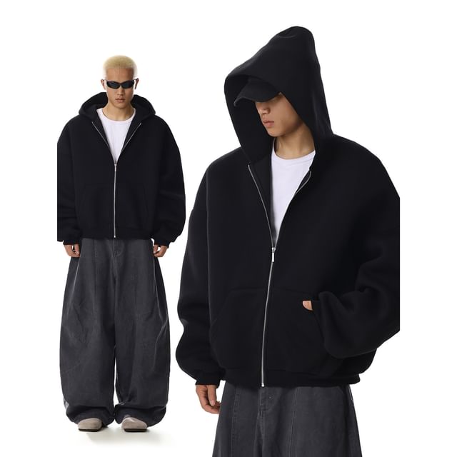 Meiksip-Plain Boxy Zip-Up Hoodie
