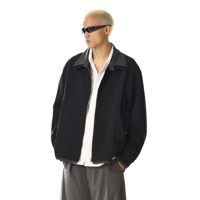 Meiksip-Plain Contrast Trim Zip Jacket