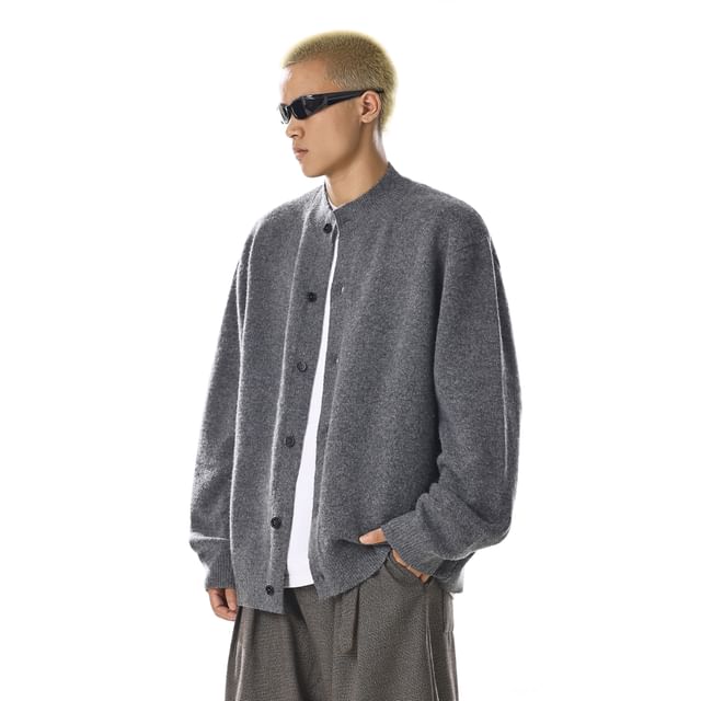Meiksip-Stand Collar Button-Up Plain Cardigan