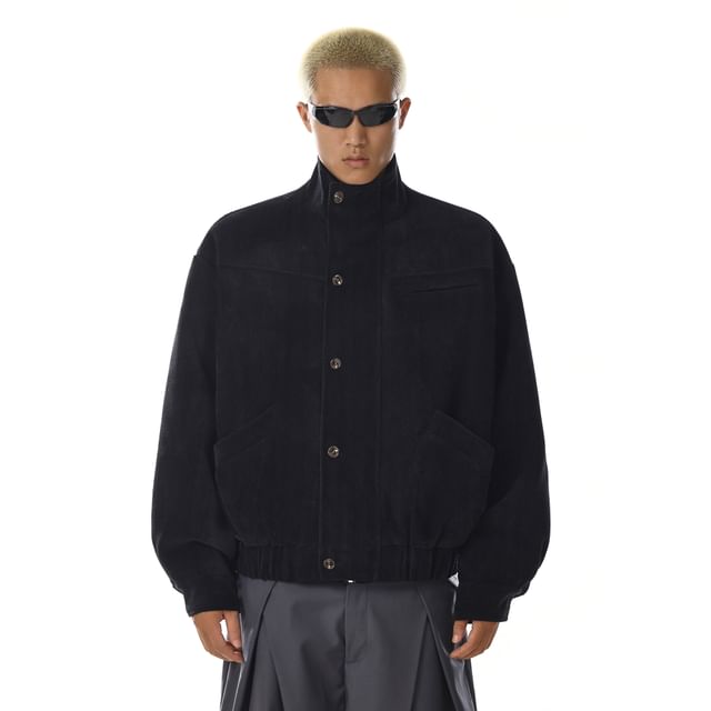 Meiksip-Stand Collar Herringbone Button-Up Jacket