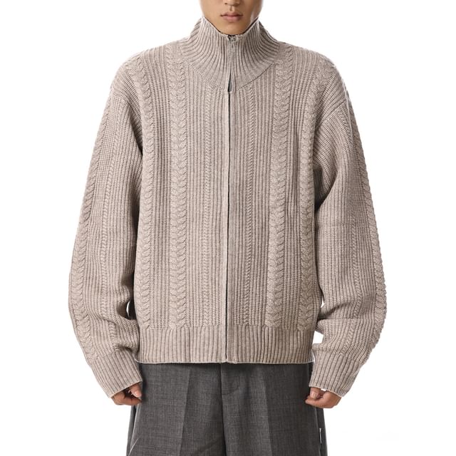 Meiksip-Stand Collar Plain Cable-Knit Zip Cardigan