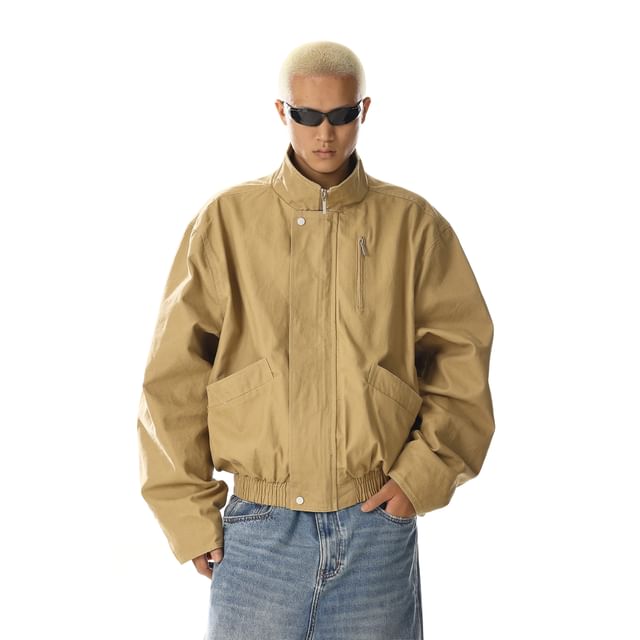 Meiksip-Stand Collar Plain Zip Jacket