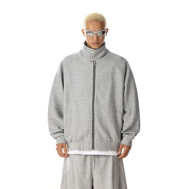 Meiksip-Stand Collar Plain Zip Jacket