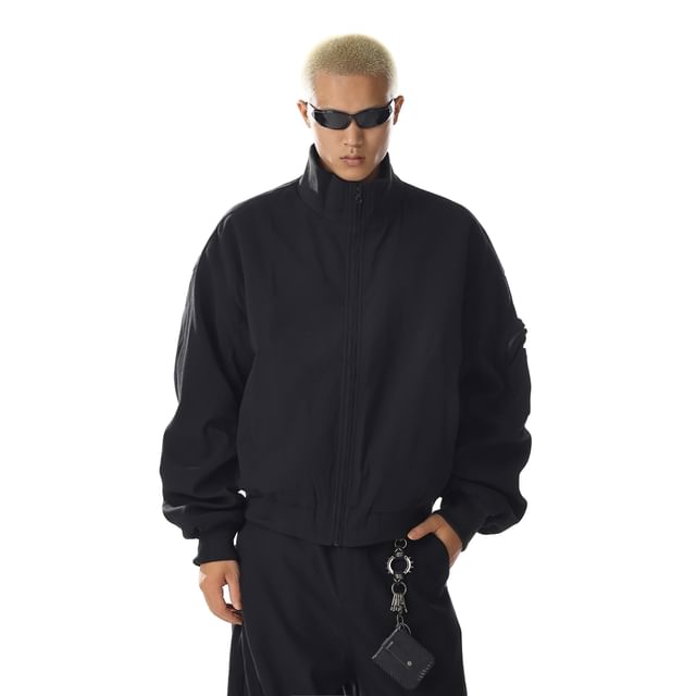 Meiksip-Stand Collar Zip-Up Plain Bomber Jacket