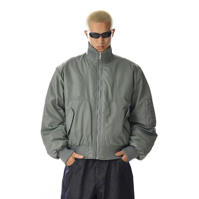 Meiksip-Stand Collar Zip-Up Plain Bomber Jacket