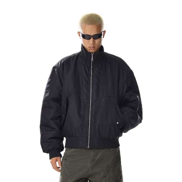 Meiksip-Stand Collar Zip-Up Plain Bomber Jacket
