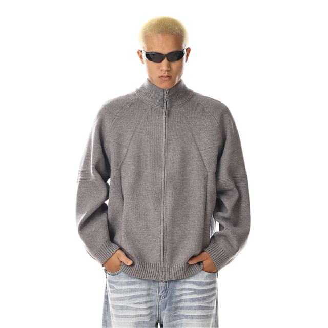 Meiksip-Stand Collar Zip-Up Plain Cardigan