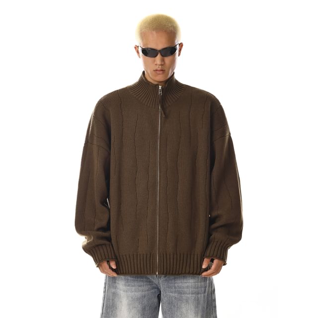 Meiksip-Stand Collar Zip-Up Plain Cardigan