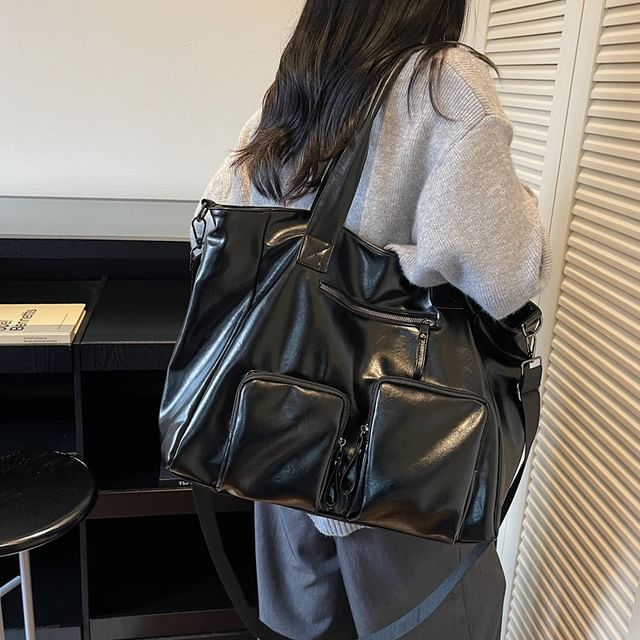 Melois-Faux Leather Plain Tote Bag