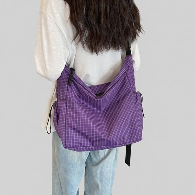 Melois-Grid Print Drawstring Messenger Bag