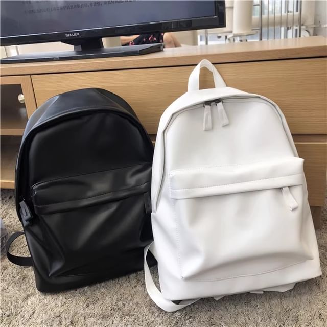 Melois-Plain Faux Leather Zip Backpack