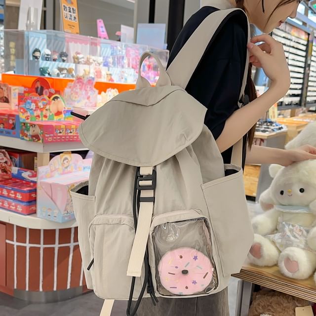 Melois-PVC Panel Drawstring Buckled Nylon Backpack