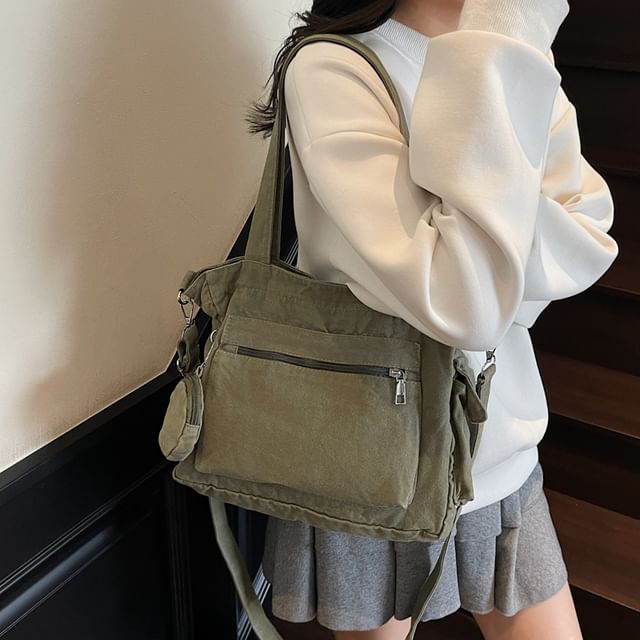 Melois-Set Plain Canvas Tote Bag Pouch