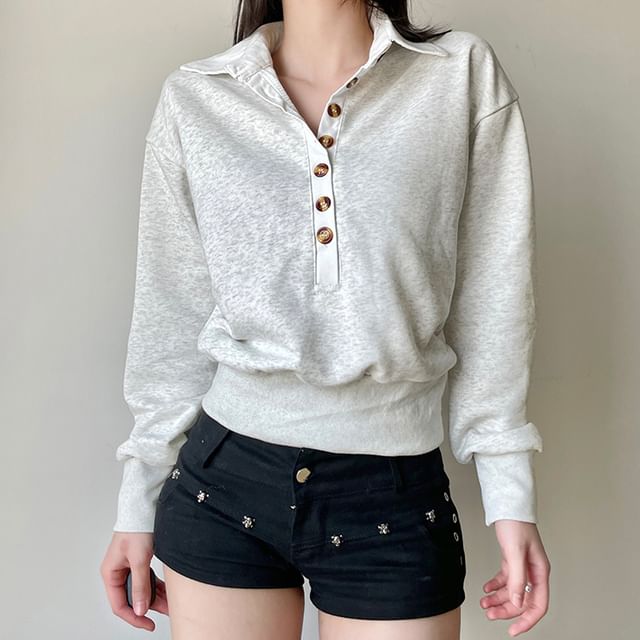 Melon Juice-Collared Half-Buttoned Plain Crop Sweatshirt