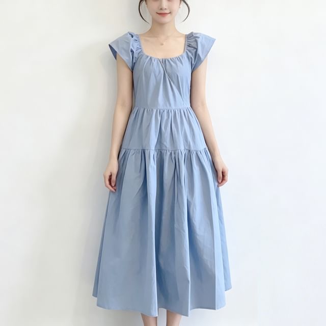 Melon Juice-Maternity Cap-Sleeve Square Neck Plain Ruched Midi A-Line Dress