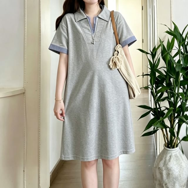Melon Juice-Maternity Mock Two-Piece Short-Sleeve Collared Striped Panel A-Line Dress Various Designs