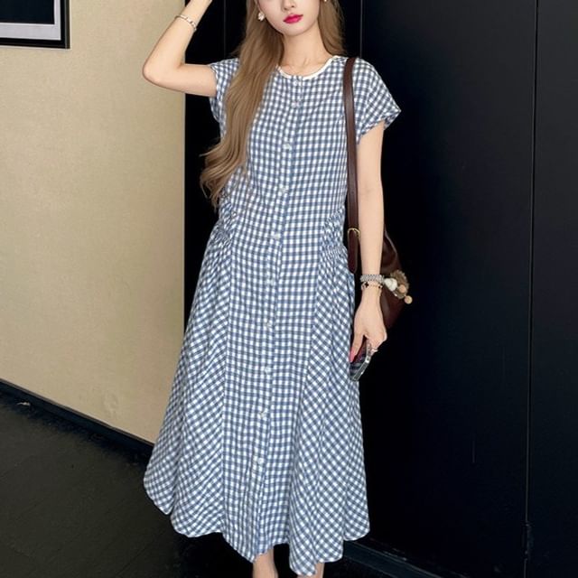 Melon Juice-Maternity Short-Sleeve Crew Neck Gingham Button-Up Midi A-Line Dress